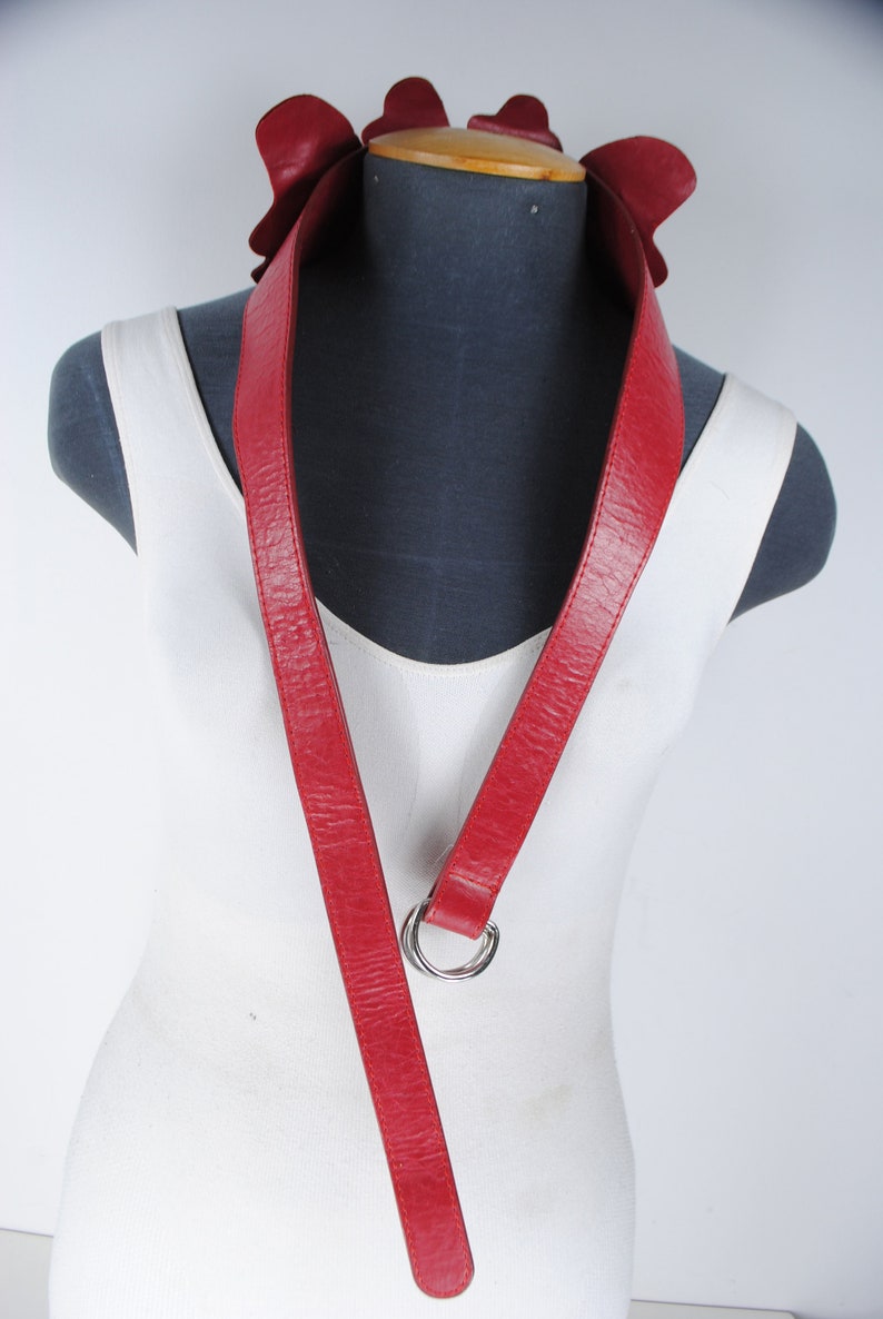 70s 43/'/' Red Pink Antique Cracked Leather Floral Belt for Women