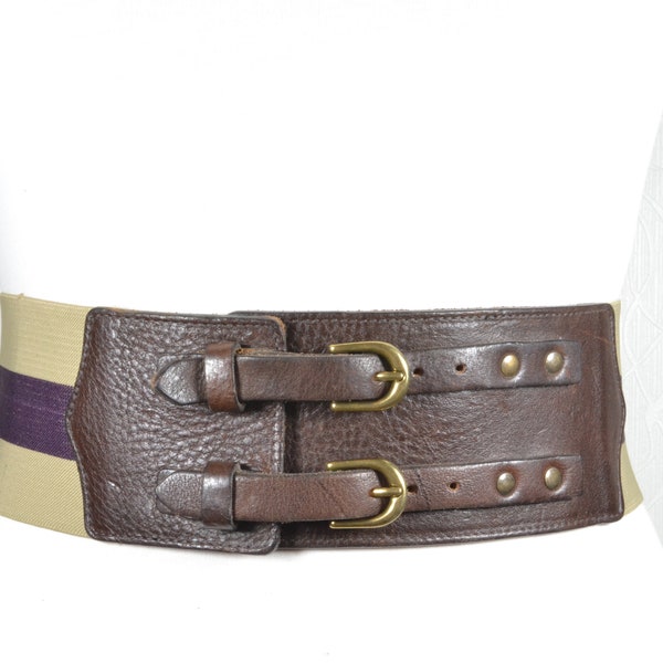 Brown elastic leather belt, double strap belt, brown corset belt