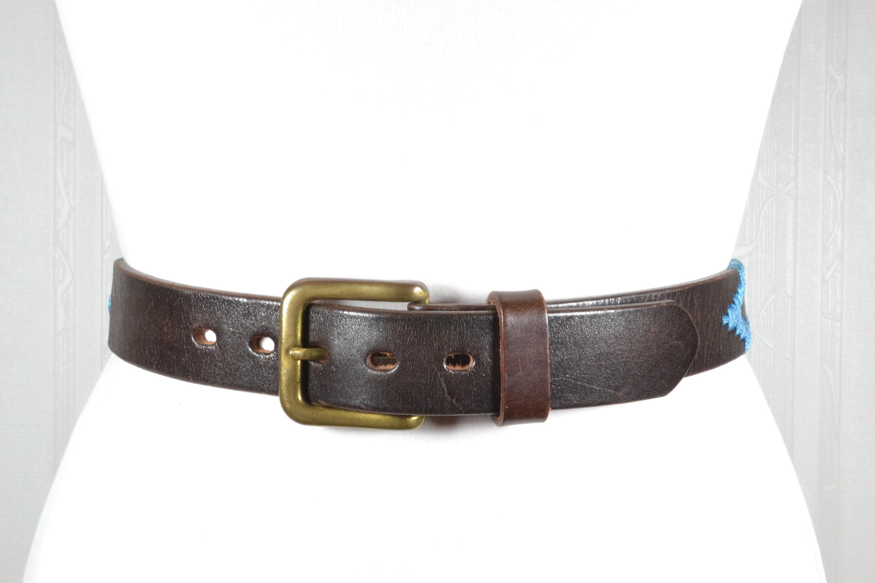 Vintage Brown Leather Belt: Handcrafted Blue Geometric  display picture 1