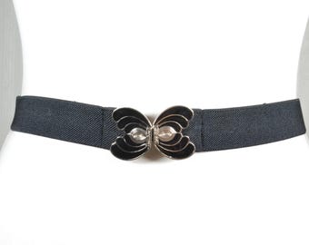 Vintage Black Elastic Belt with Silver Butterfly Buckle,  Stretchy Waist Belt for Women
