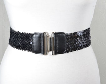 1980s black wide sequin stretch belt for women