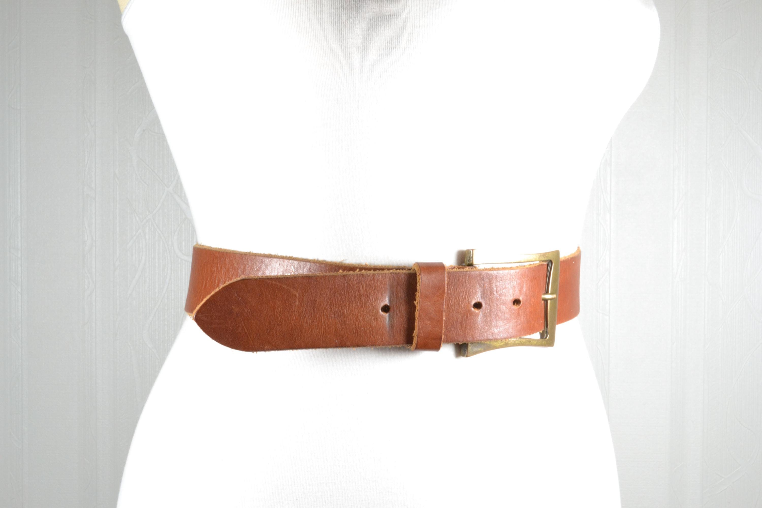 Vintage Brown Leather Waist Belt: Antique Brass Buckle, Wide 