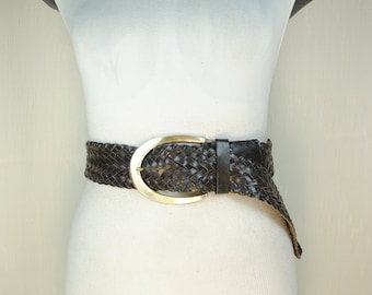 Cinturón de cuero trenzado negro: Cinturón ancho para mujer, estado vintage