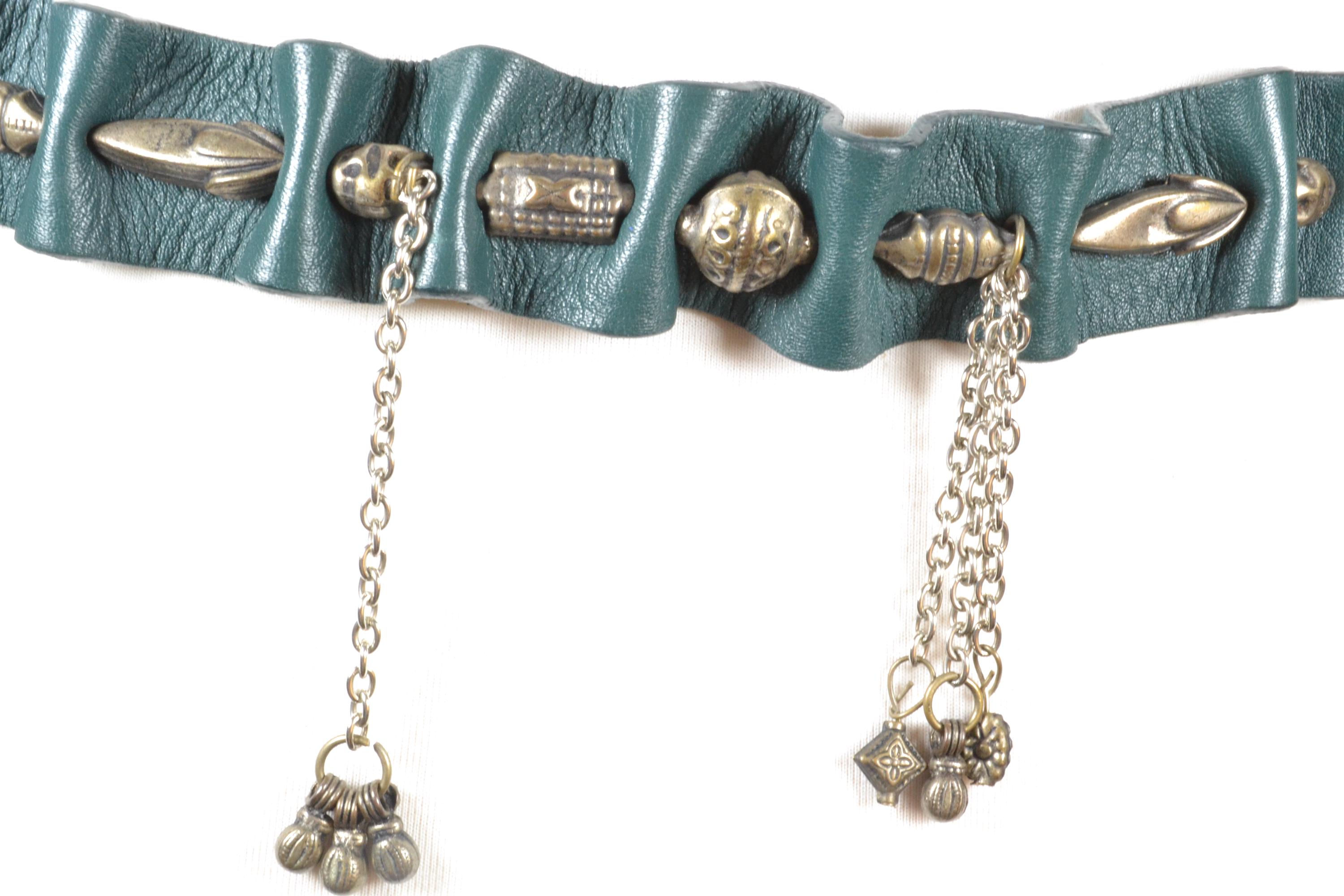 Boho Braided Leather Belt with‎ Charms Tassel Coin Turquoise Beads Vintage 1970s Boho Leather Coin Braided Belt Bohemian Retro  main image 4