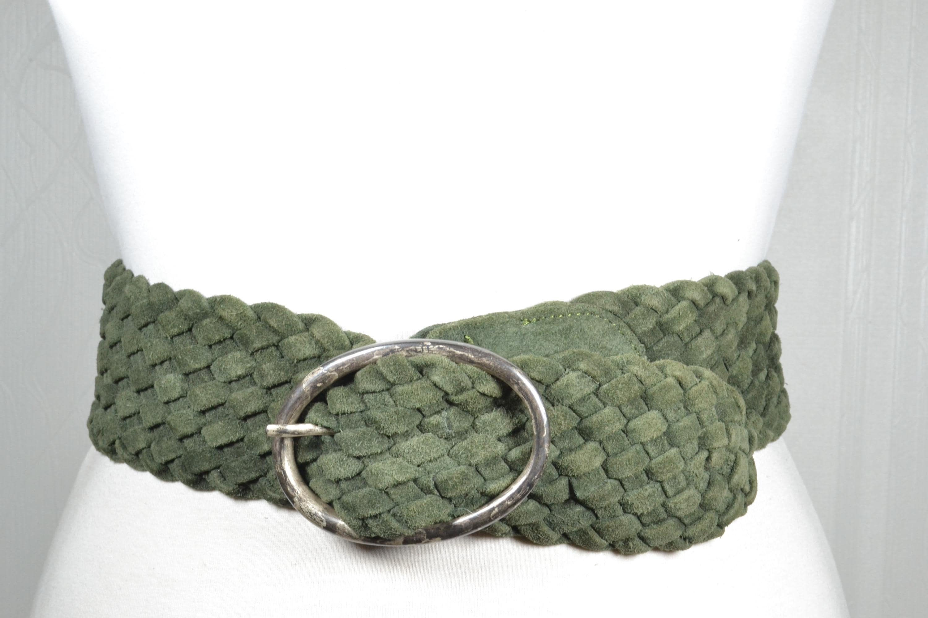 Vintage Sage Green Braided Suede Belt With Oval Silver Ring 