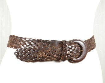 Wide Brown Braided BELT,  ROUND copper Buckle BoHo Chic Haute Hippie 31-35”, LC LIFKOME Braided Belt Women Wide Woven Belt with Round Buckle  main image 3
