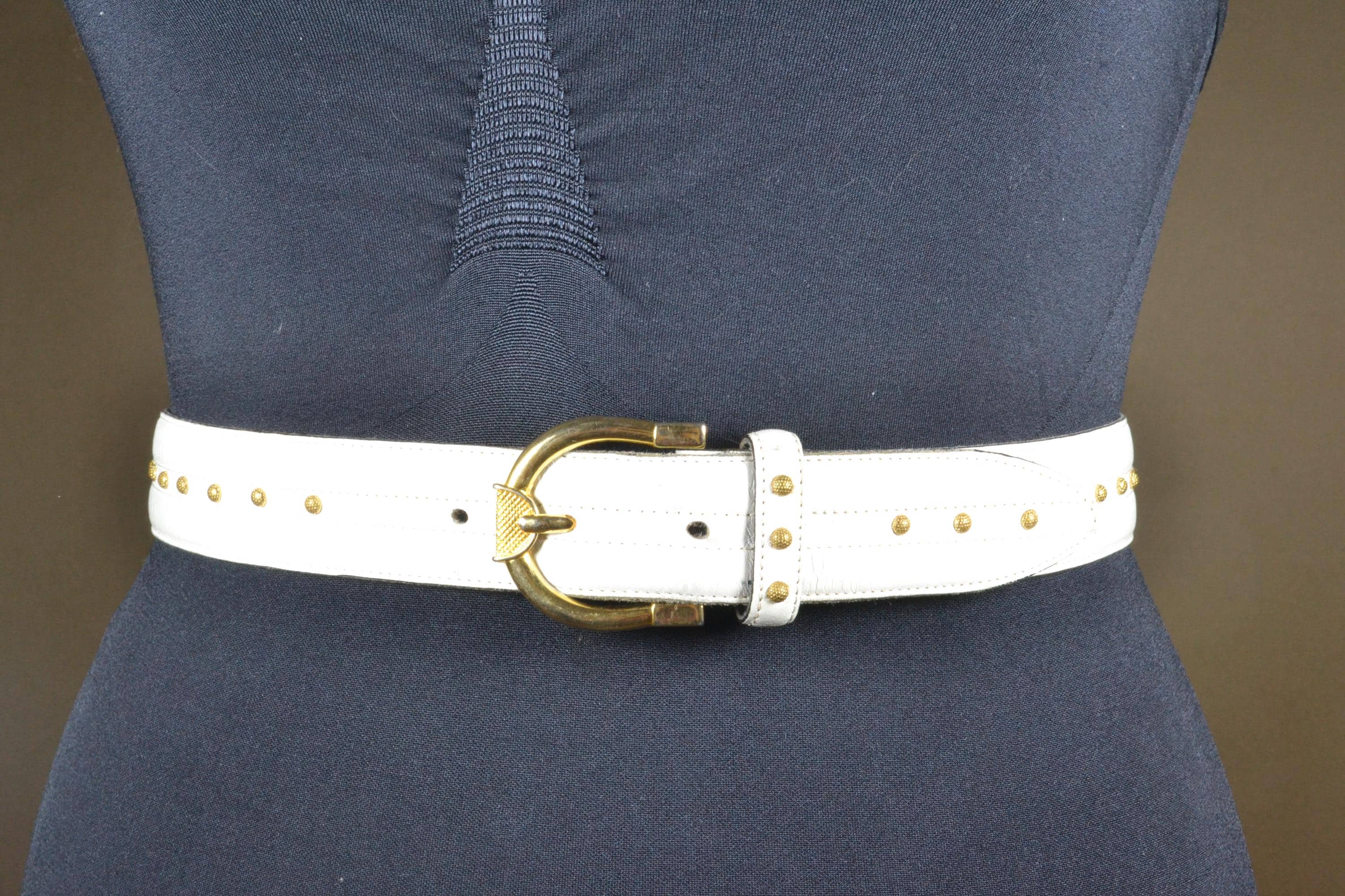 Vintage 80s White Leather Studded Belt, Gold Buckle - Etsy