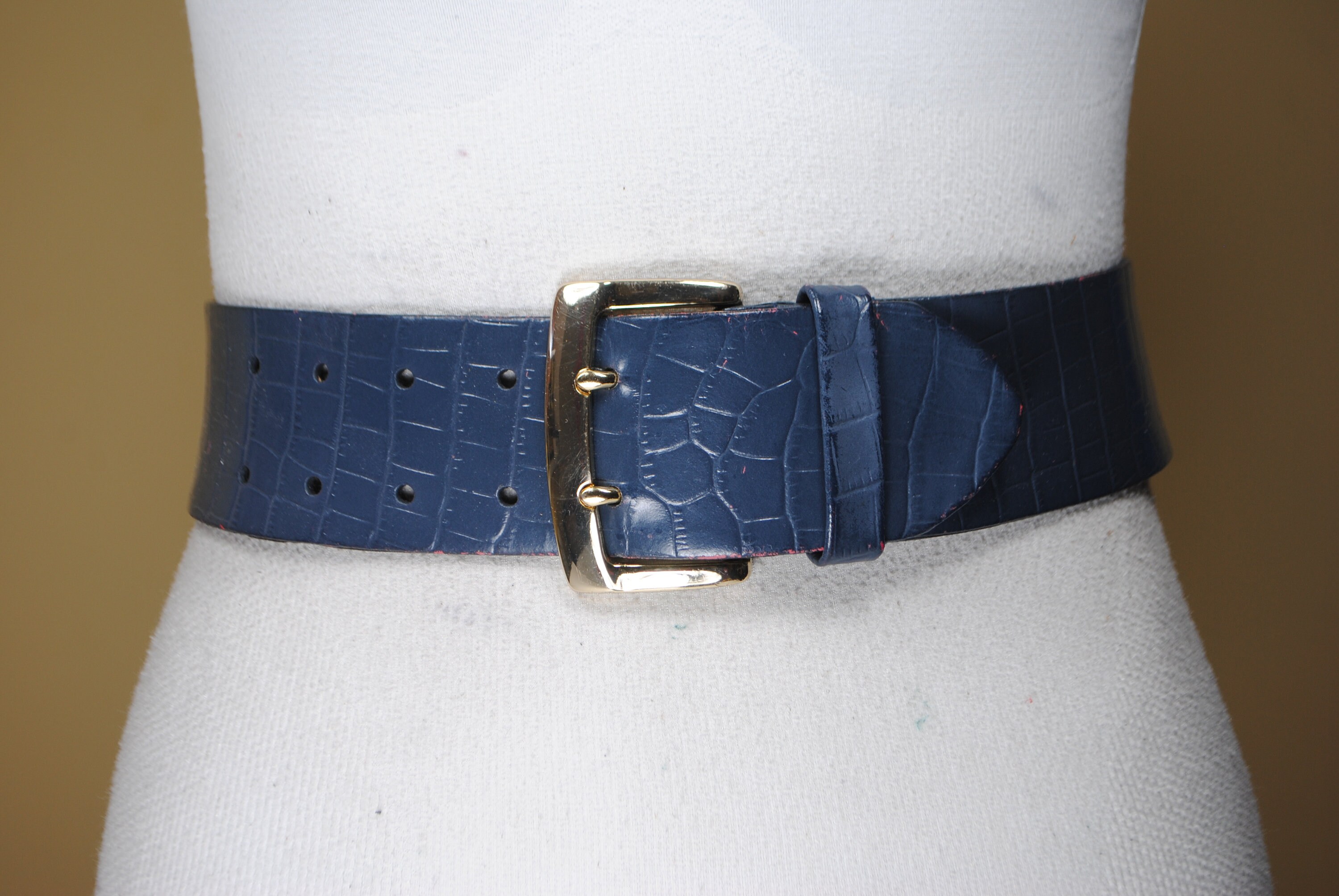 Wide Blue Croc Leather Belt: Gold Buckle, Embossed Design - Etsy display picture 2