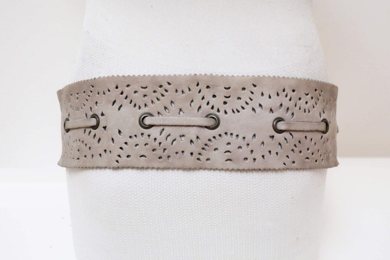 1970s gray suede leather link belt with tie up