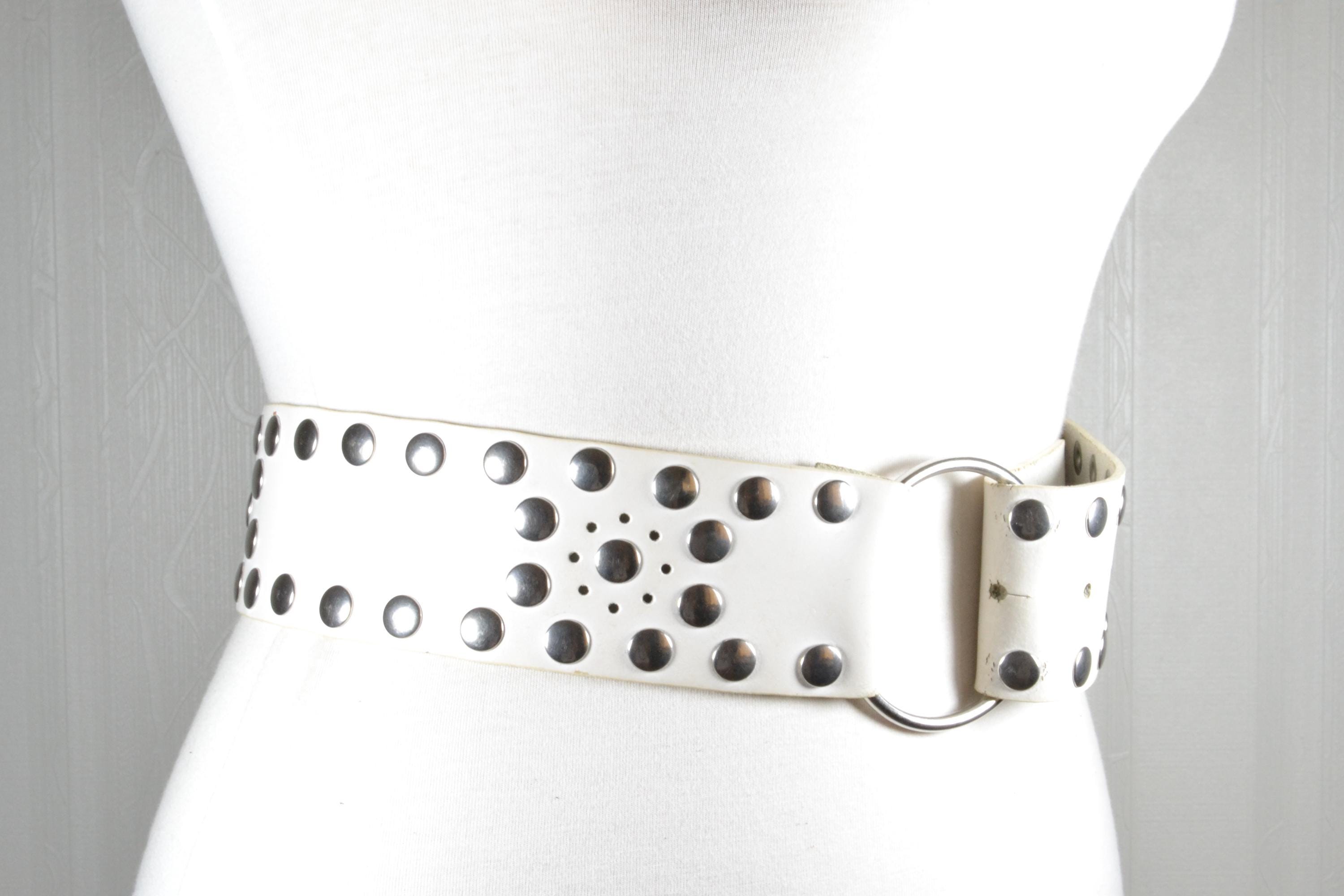 Genuine Leather Belt White Silver Buckle Studded Mirror Style Western Rock Retro Rhinestone Turquoise Belt for Women Men Western Cowboy  main image 4