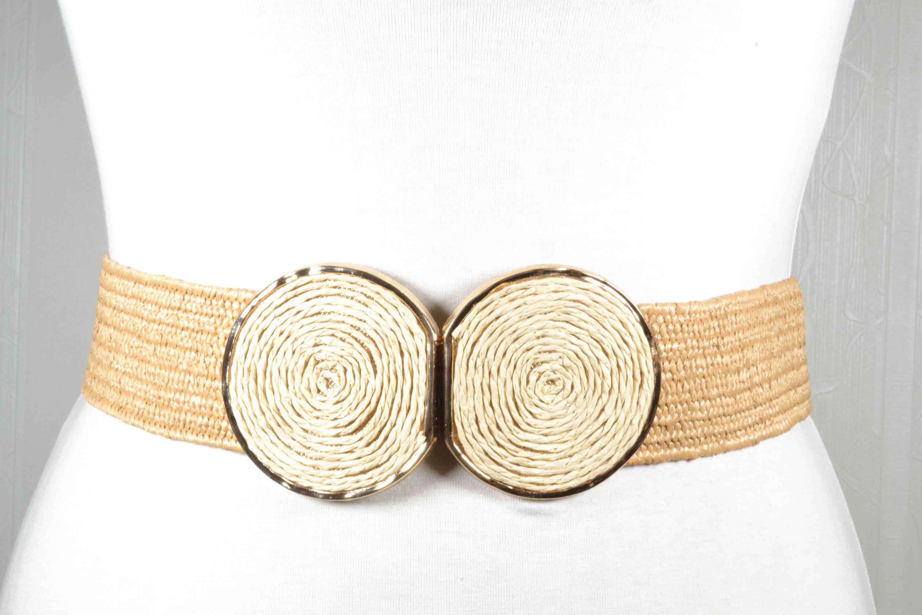 Boho Woven Raffia Belt: Vintage Double Circle Buckle, Beige  display picture 1