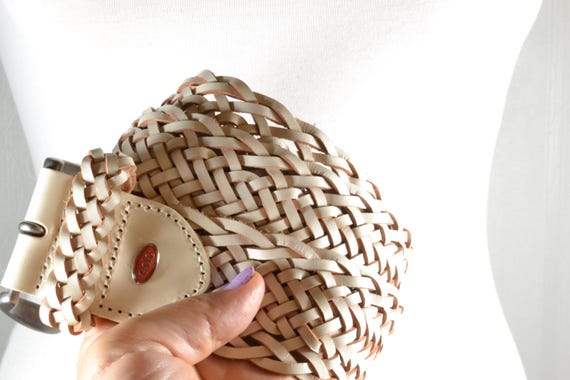 Wide White Braided Leather Belt: Boho Chic Woven Waist Belt  display picture 3