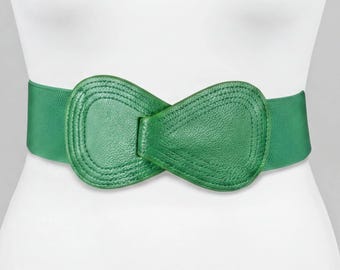Retro Green Stretch Belt: Oversized Bow Buckle, Wide Elastic Waist