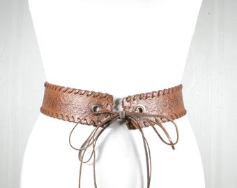 Vintage Brown Tooled Leather Corset Belt, Adjustable Lace-Up Waist Belt, Boho Western Style