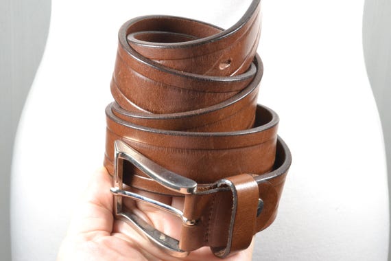Vintage Tan Brown Leather Belt: Silver Buckle, Office Style  display picture 1