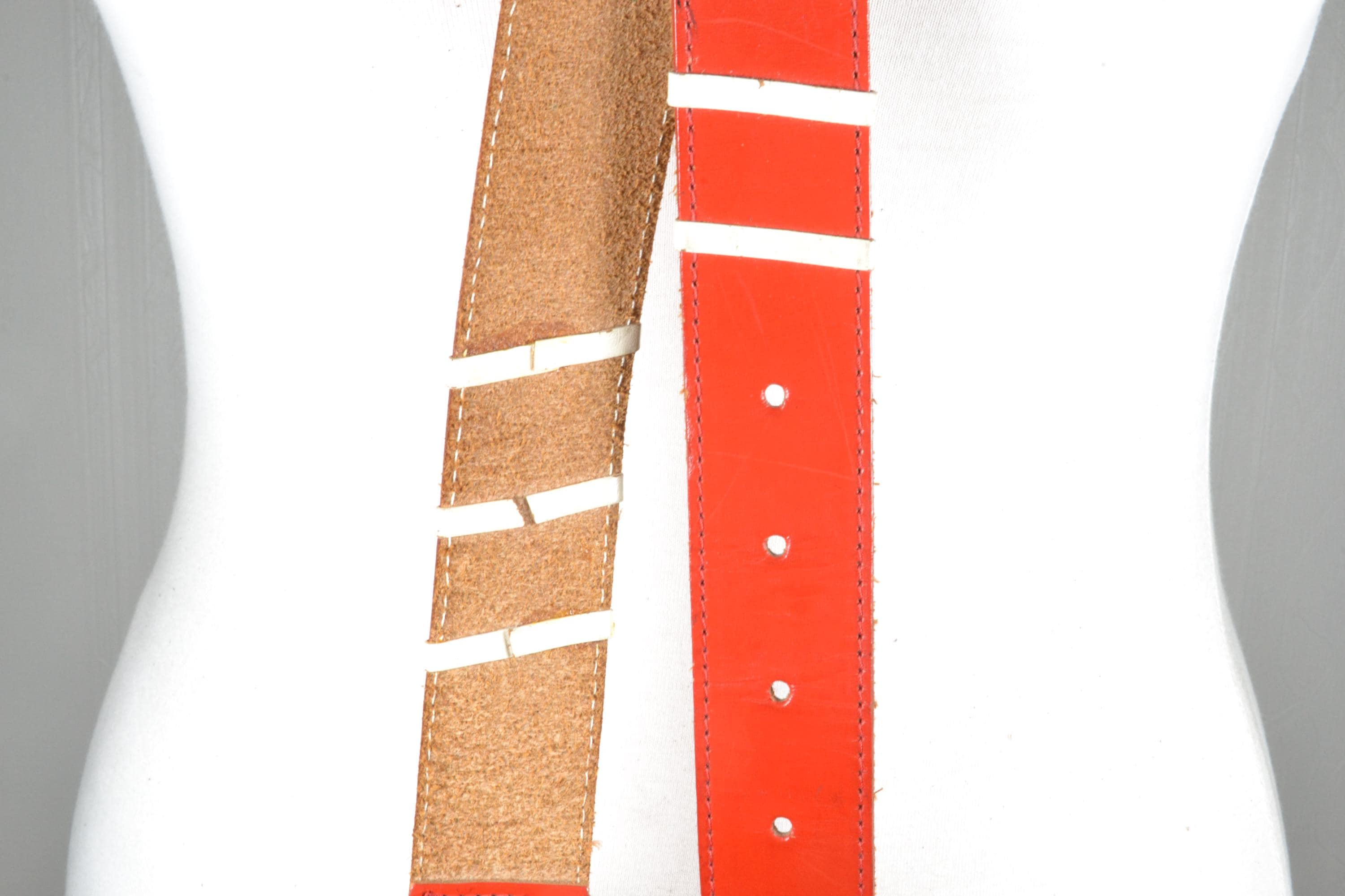 Vintage Red Leather Statement Belt: 80s Retro Stripe Waist  display picture 3