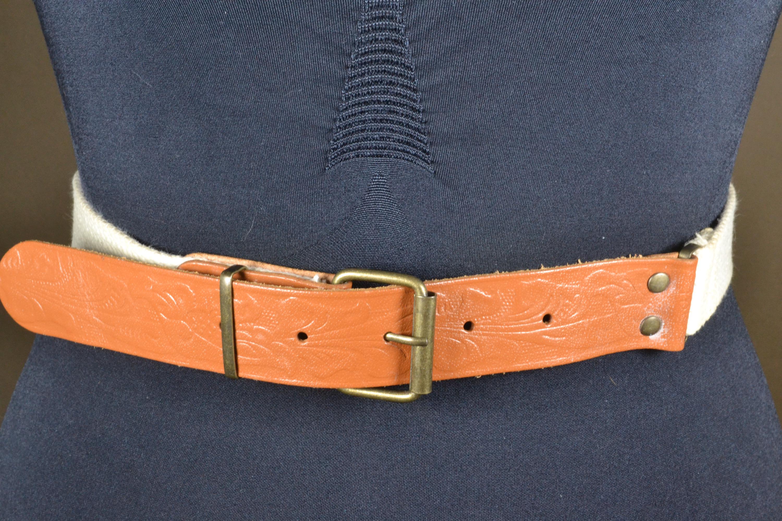 Vintage Floral Tooled Leather Belt, Tan Brass Buckle, 80s 
