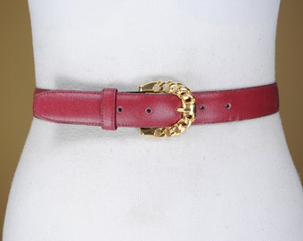 30''-34'' Red maroon leather belt gold buckle belts for women belt women disco belt rock roll belt 1980s belt 80s