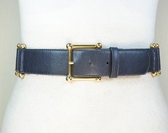 Genuine Leather Wide Belt, Navy Blue Gold Buckle Belt, 80s  display picture 1
