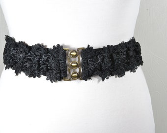 Black Elastic Waist Belt: Gold Floral Buckle, Wide Cinch (26 