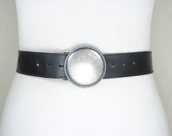 Black wide cinch soft leather belt women with round silver buckle