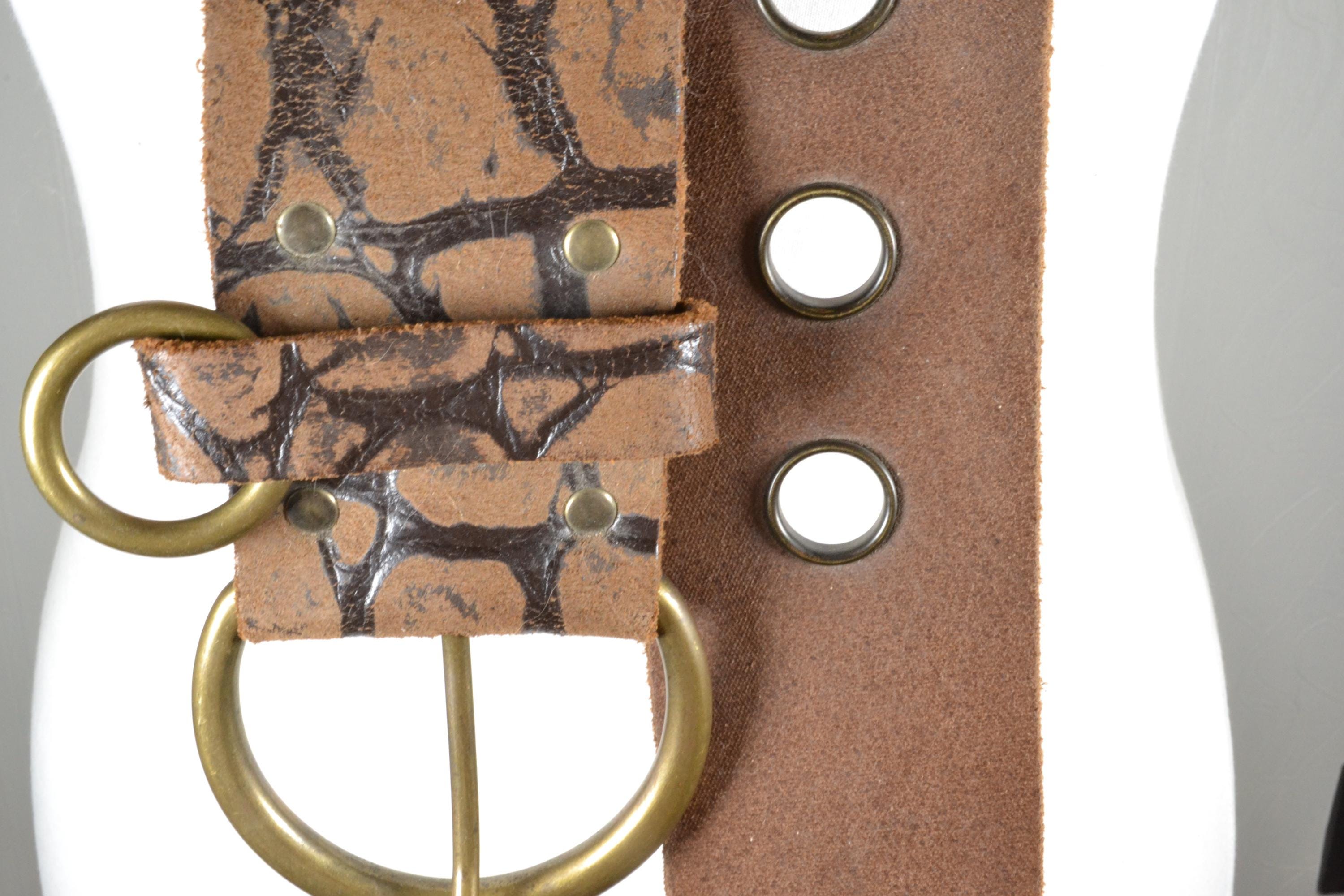 Vintage Rustic Genuine Leather Belt With Brass Rings Hoops Brown Grey Full Grain Chocolate Brown Buffalo Leather Custom Double  main image 4