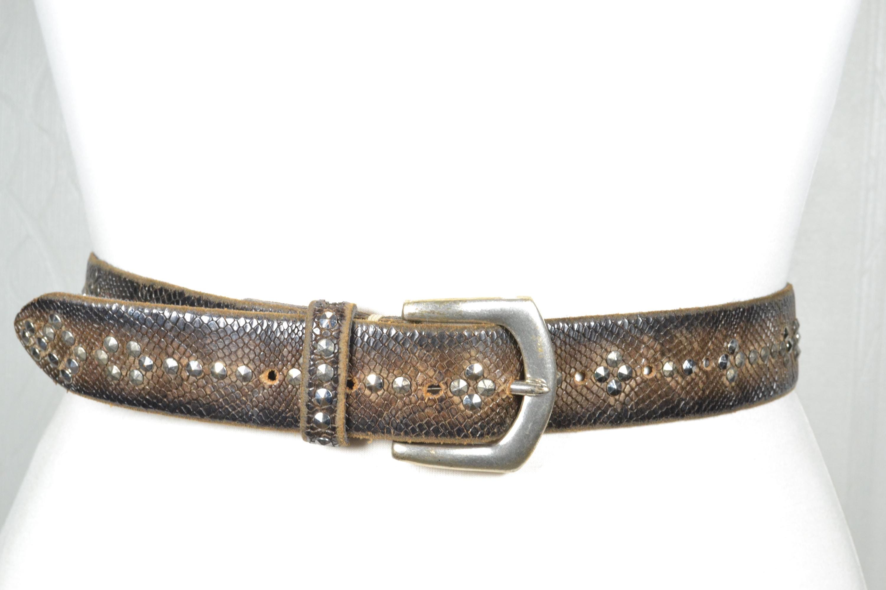 Vintage Chocolate Brown Snakeskin Studded Belt With Silver 