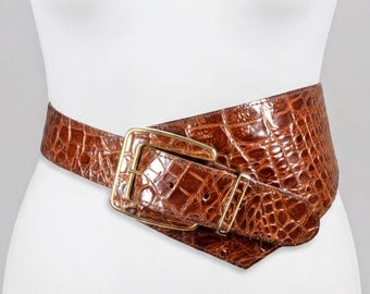 Ralph Lauren Brown Crocodile Embossed Leather‎ Belt Gold Buckle Slim size L Ralph Lauren Belt Medium Brown Croc Embossed Leather Gold  main image 4