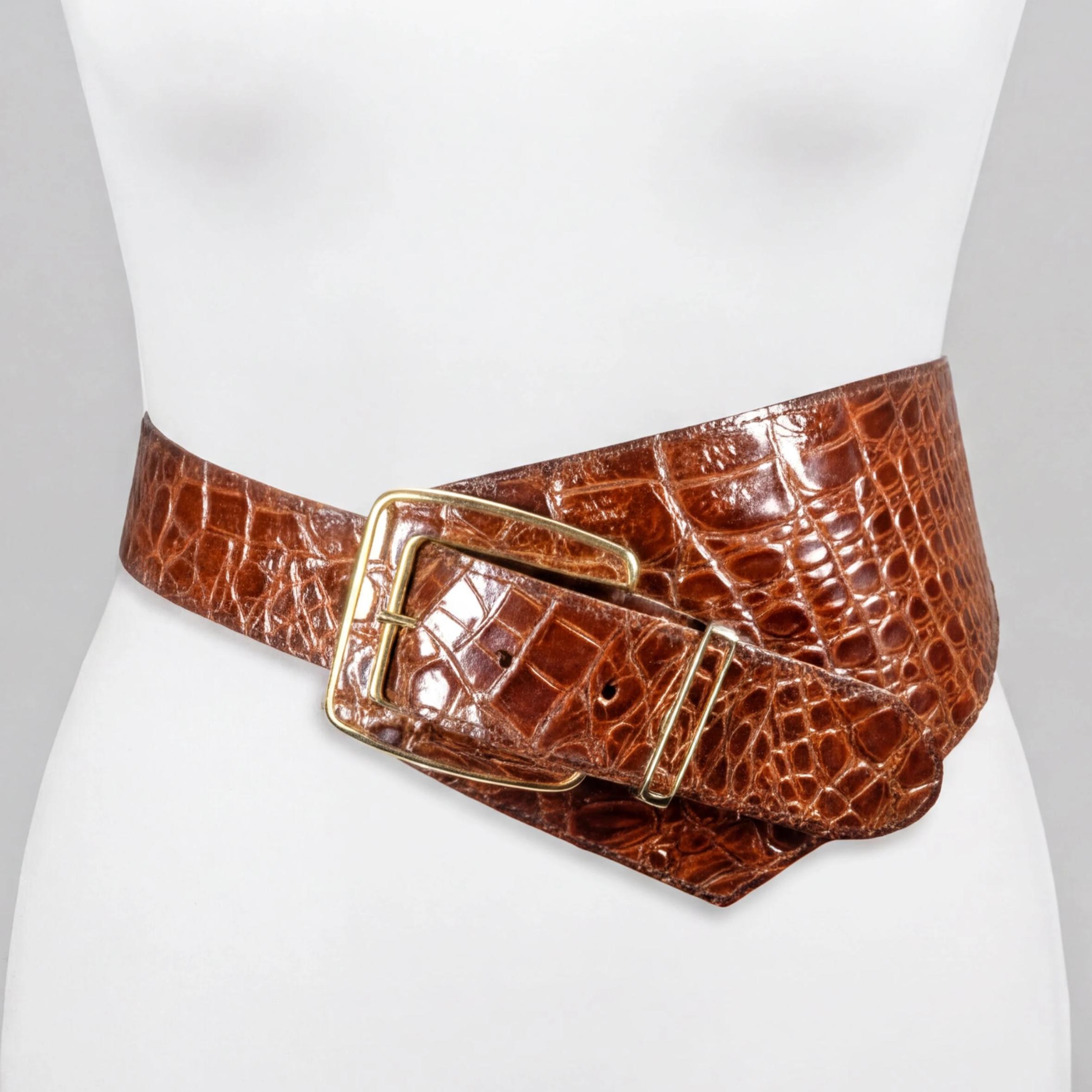 Vintage Wide Brown Croc Embossed Leather Belt With Gold 