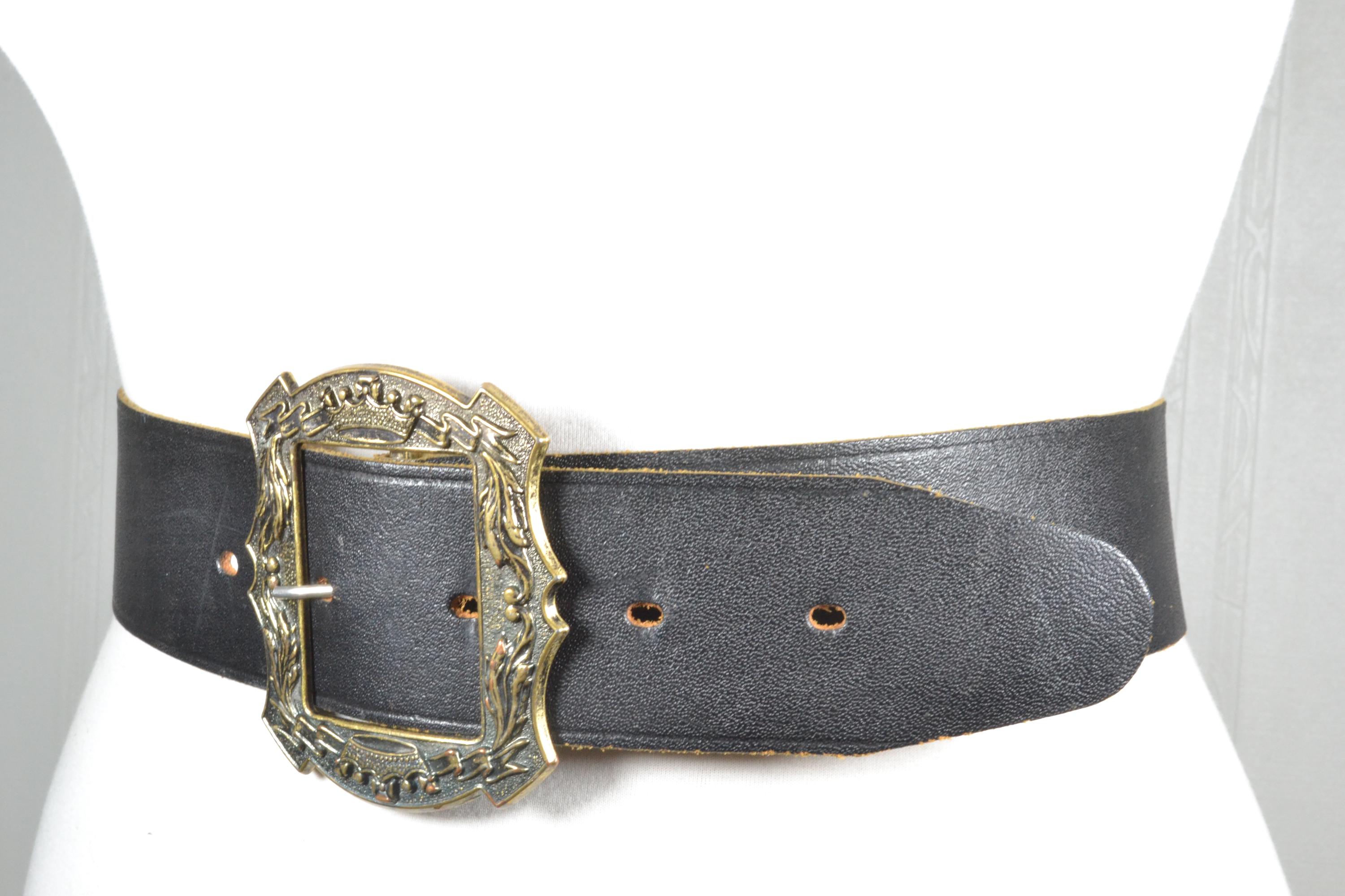 Vintage Wide Black Leather Belt, Ornate Brass Buckle, Boho 