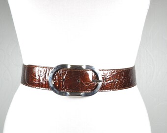 Vintage brown patent leather reptile croc embossed belt fits 27\