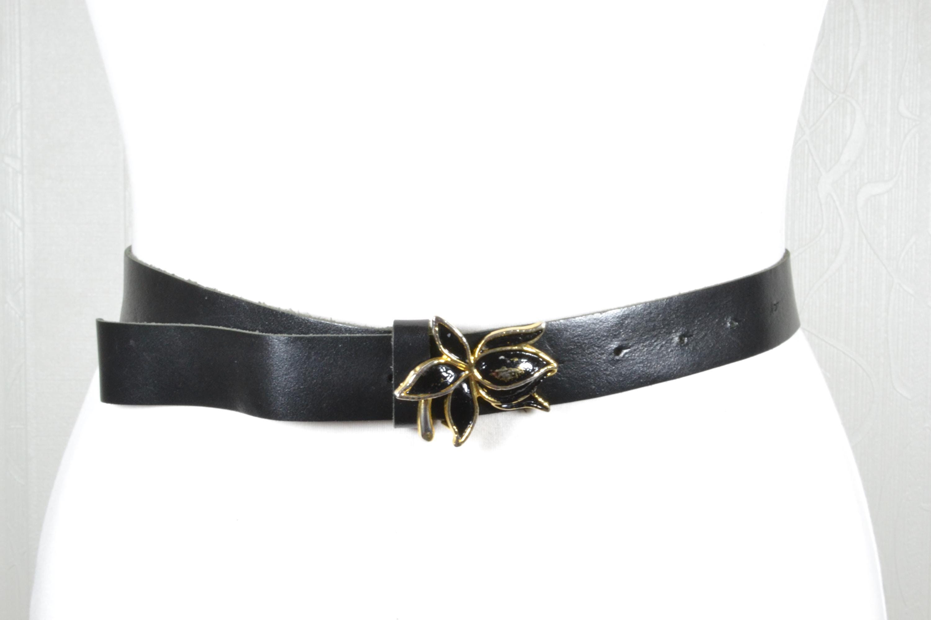 Vintage Skinny Black Leather Belt With Gold Floral Buckle 