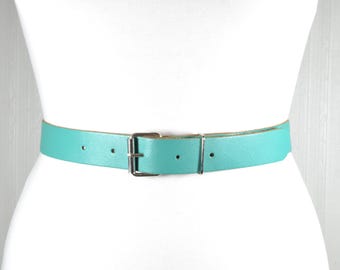 Turquoise Leather Belt: Vintage Slim Waist Belt with Silver Buckle