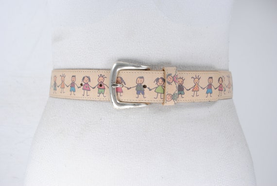 1970s 33''-38'' beige hippie belt with kids holdin