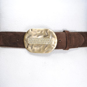 Brown belt with brass buckle, brass hammered buckle belt, Brown Suede Belt for Women, Rhinestone Gold Buckle