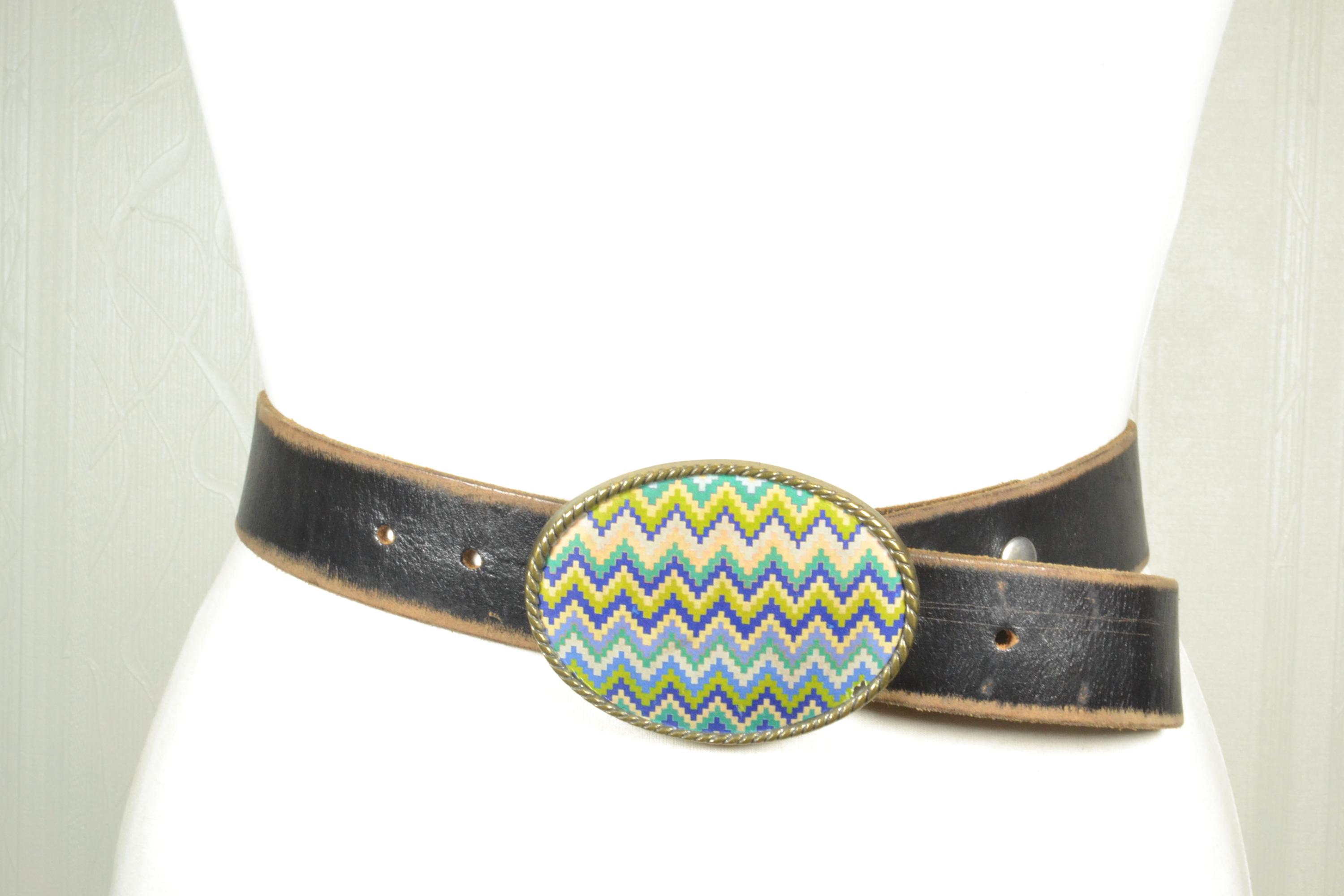 Vintage Martine Wester Black Leather Belt, Oval Navajo Style 
