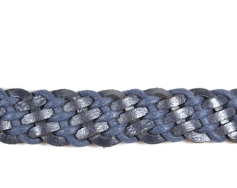 Vintage Navy Blue Leather Belt: Braided Back, Silver Buckle  display picture 1