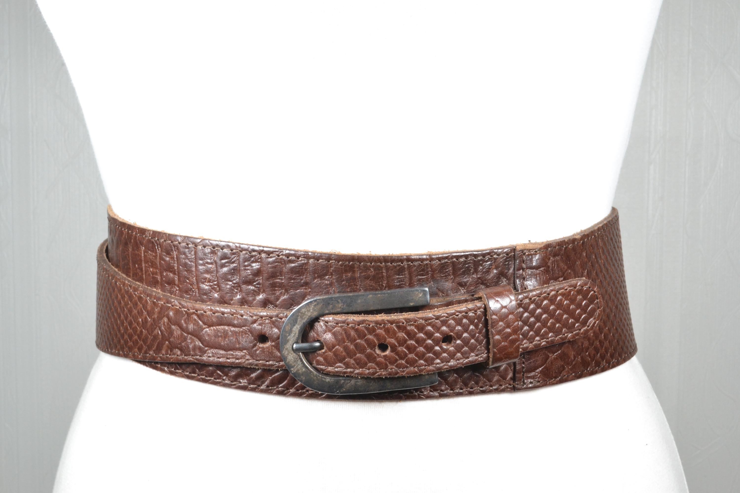 Vintage Brown Crocodile Embossed Wide Waist Belt With  display picture 2