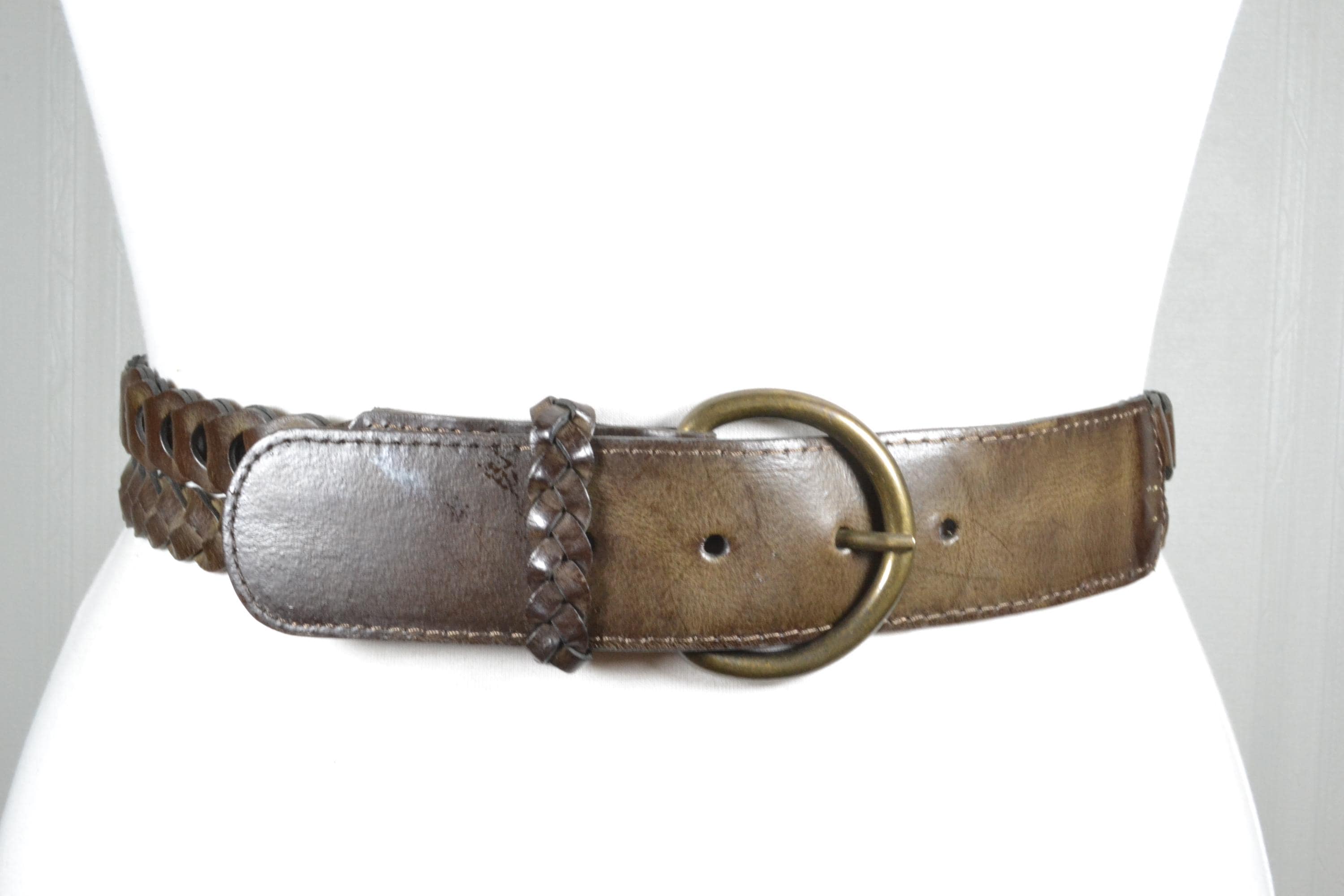 Vintage Brown Braided Leather Belt: Women