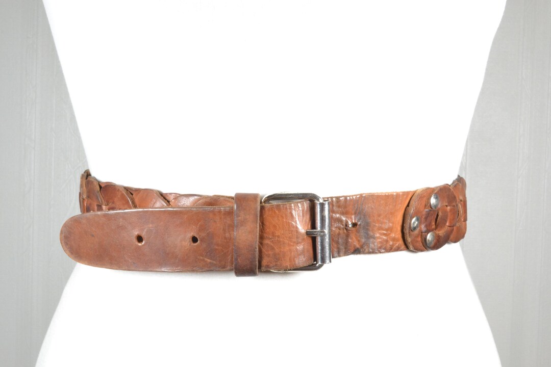 編み込みディテールのヴィンテージブラウンレザーベルト、ユニセックス