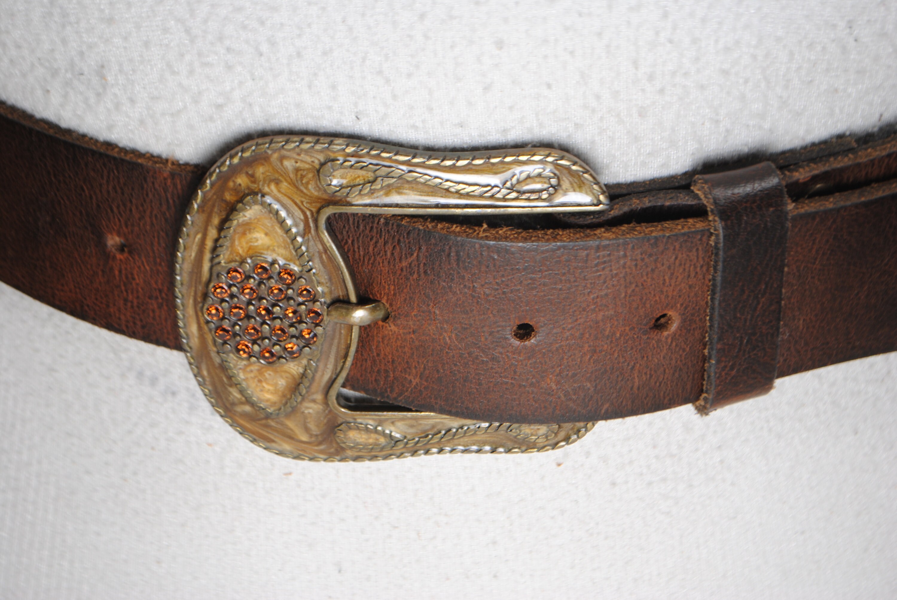 Brown Leather Waist Belt with Decorative Silver / Brass  Plate With Coins RARE ! Metallic Etched Western Belt main image 2