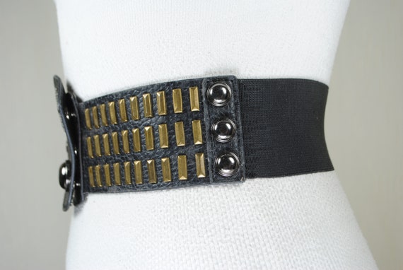 Black elastic Bronze riveted belt for women wide … - image 7