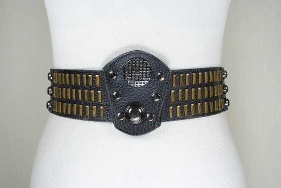 Black elastic Bronze riveted belt for women wide … - image 5