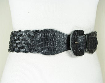 Vintage Black Woven Leather Belt: Croc Embossed Boho Chic Waist Belt