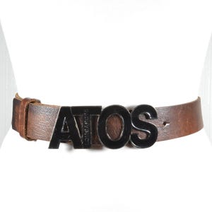 Brown Leather Belt with ATOS Letter Buckle, Statement Logo Belt, Vintage Designer Style Waist Belt for Women and Men
