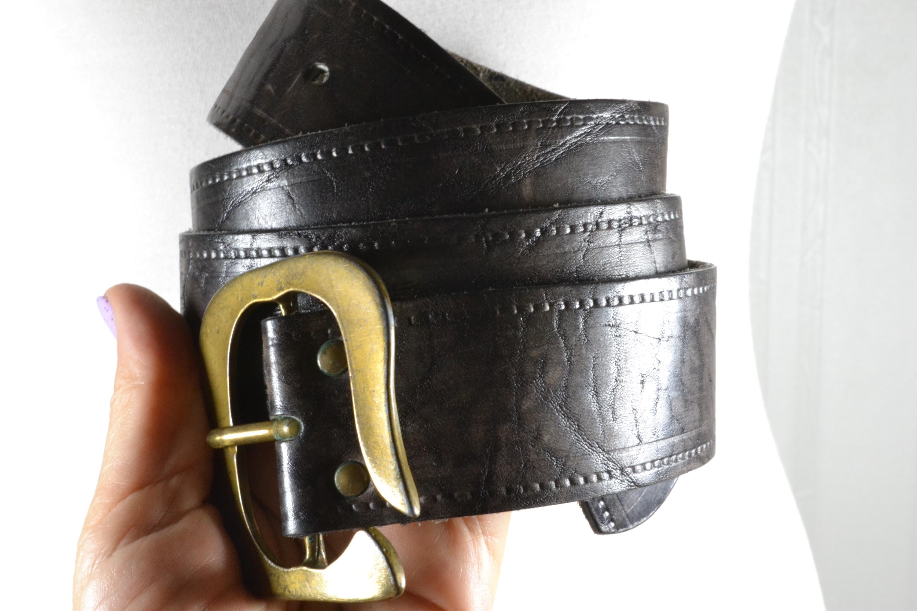 Vintage Dark Brown Leather Whipstitch Embossed Belt Leather Wrapped Buckle Men main image 3