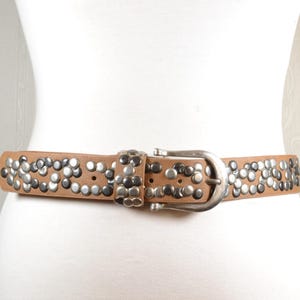 Brown Riveted Leather Belt, Edgy Biker Grunge Belt with Metal Studs, Vintage Motorcycle Waist Belt for Punk Rock Fashion