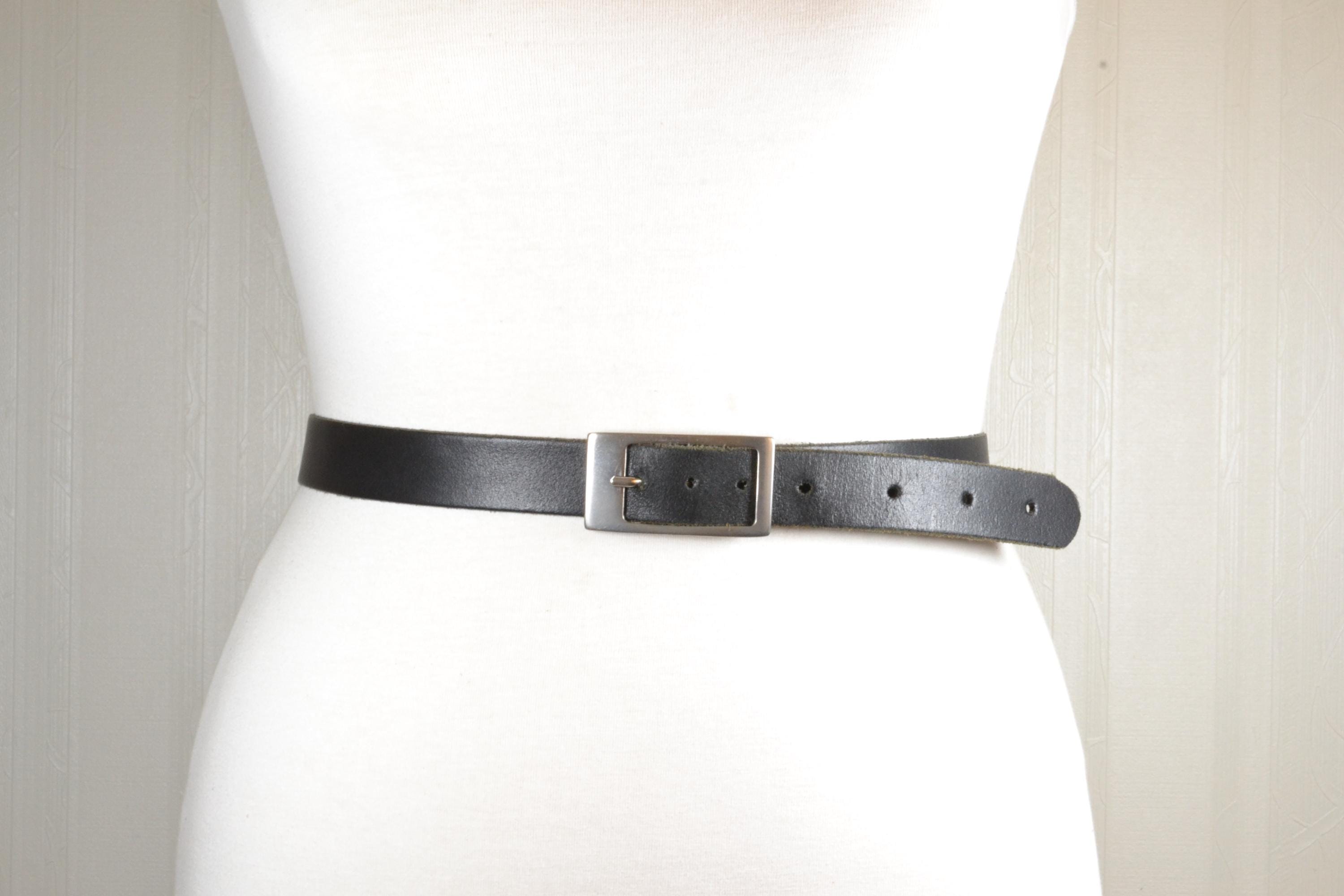 Vintage Black Leather Belt With Rectangular Silver Buckle 