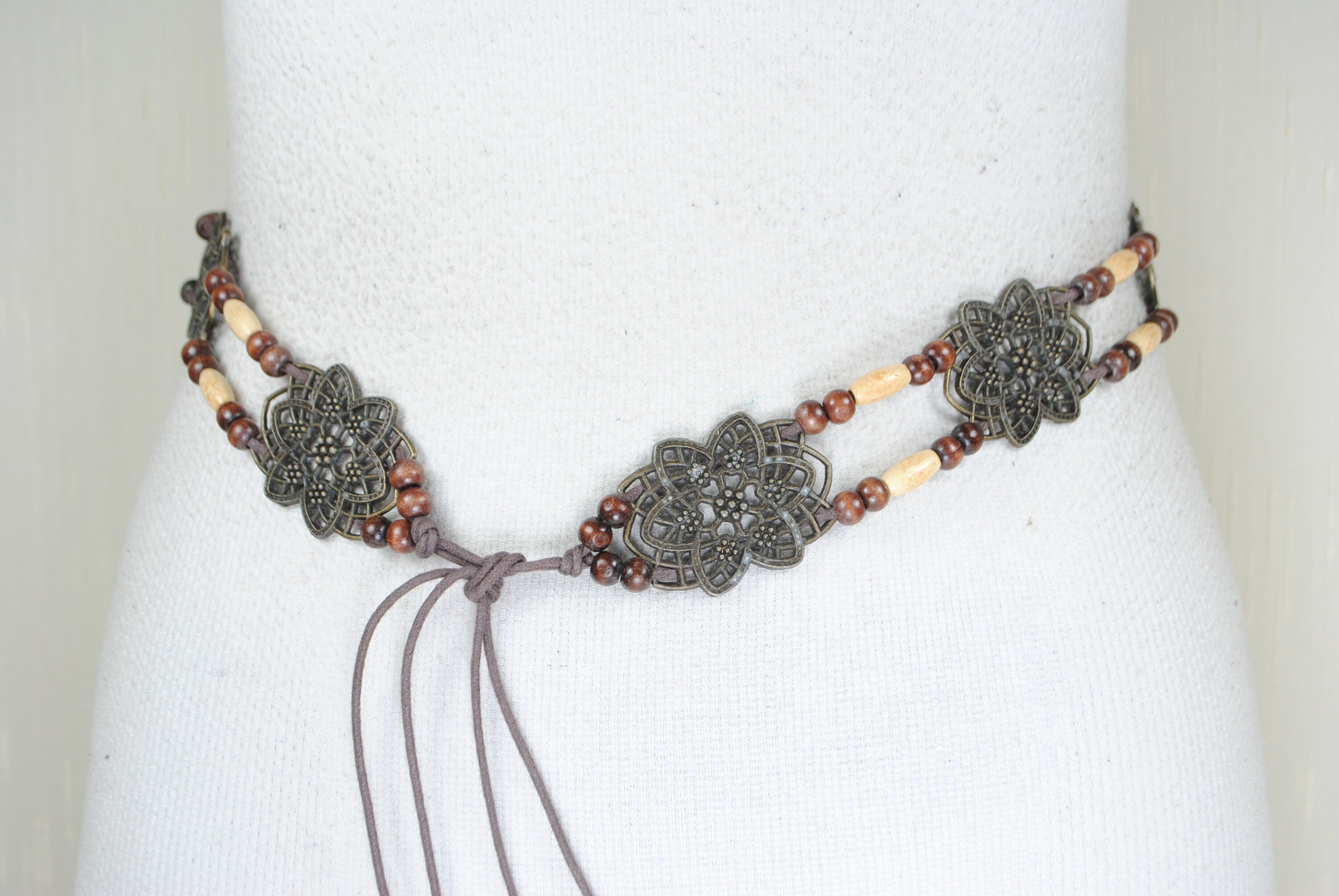 Elastic Waist‎ Belt Flower Beaded Accents Small Gold Brown Boho Indie Boho Beaded Flower Waist Belt: Vintage Elastic Dress Girdle  main image 2