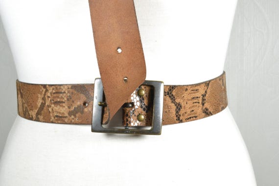 Vintage Tan Brown Python Pattern Leather Belt wit… - image 6